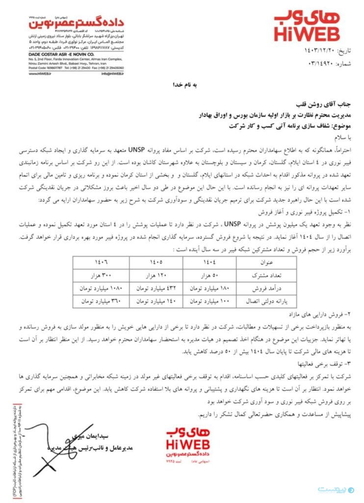های‌وب عملیات فیبر نوری را برای بهبود جریان نقدینگی از ۱۴۰۴ آغاز خواهد کرد