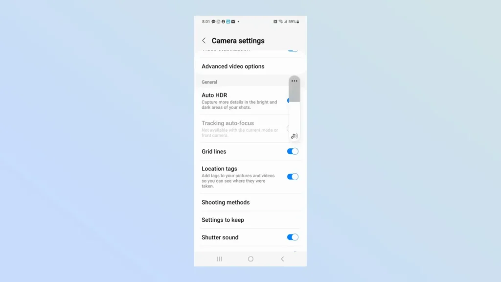 تنظیمات دوربین گوشی سامسونگ برای استفاده از خطوط شطرنجی در عکاسی