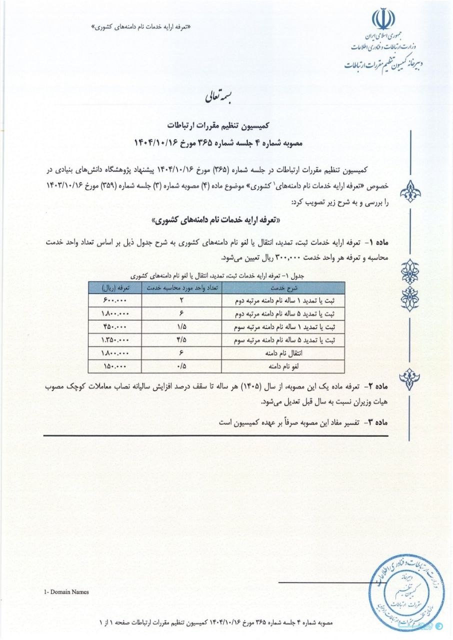 تعرفه ثبت دامنه دات‌آی‌آر ۳۰ هزار تومان تعیین شد
